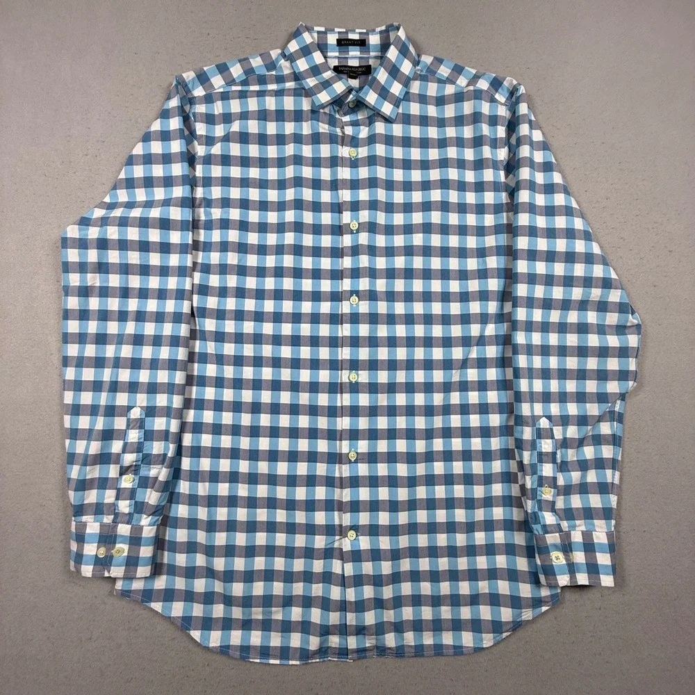 Banana Republic Men XL Grant Fit Blue Gingham 120s Supima Cotton Button Up Shirt